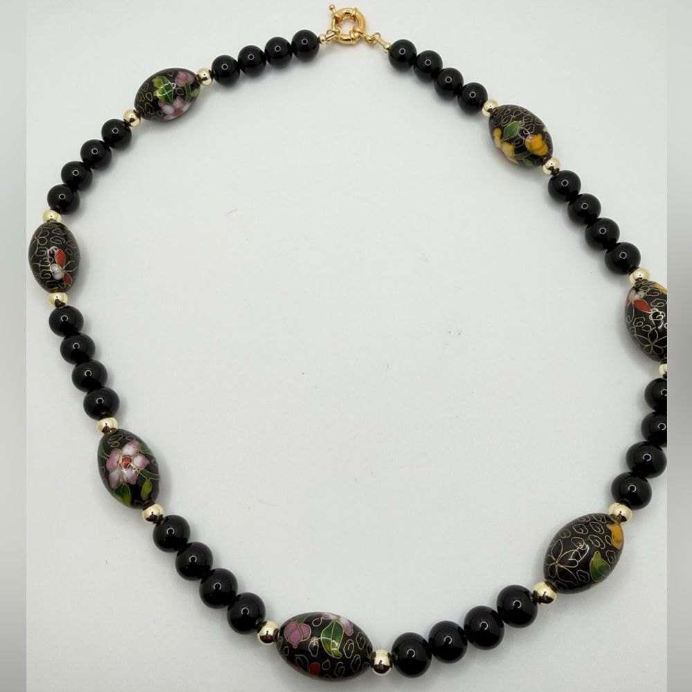 ~22" 24x15mm Cloisonne & 10mm onyx beaded necklace w/ gold tone hardware/clasp!